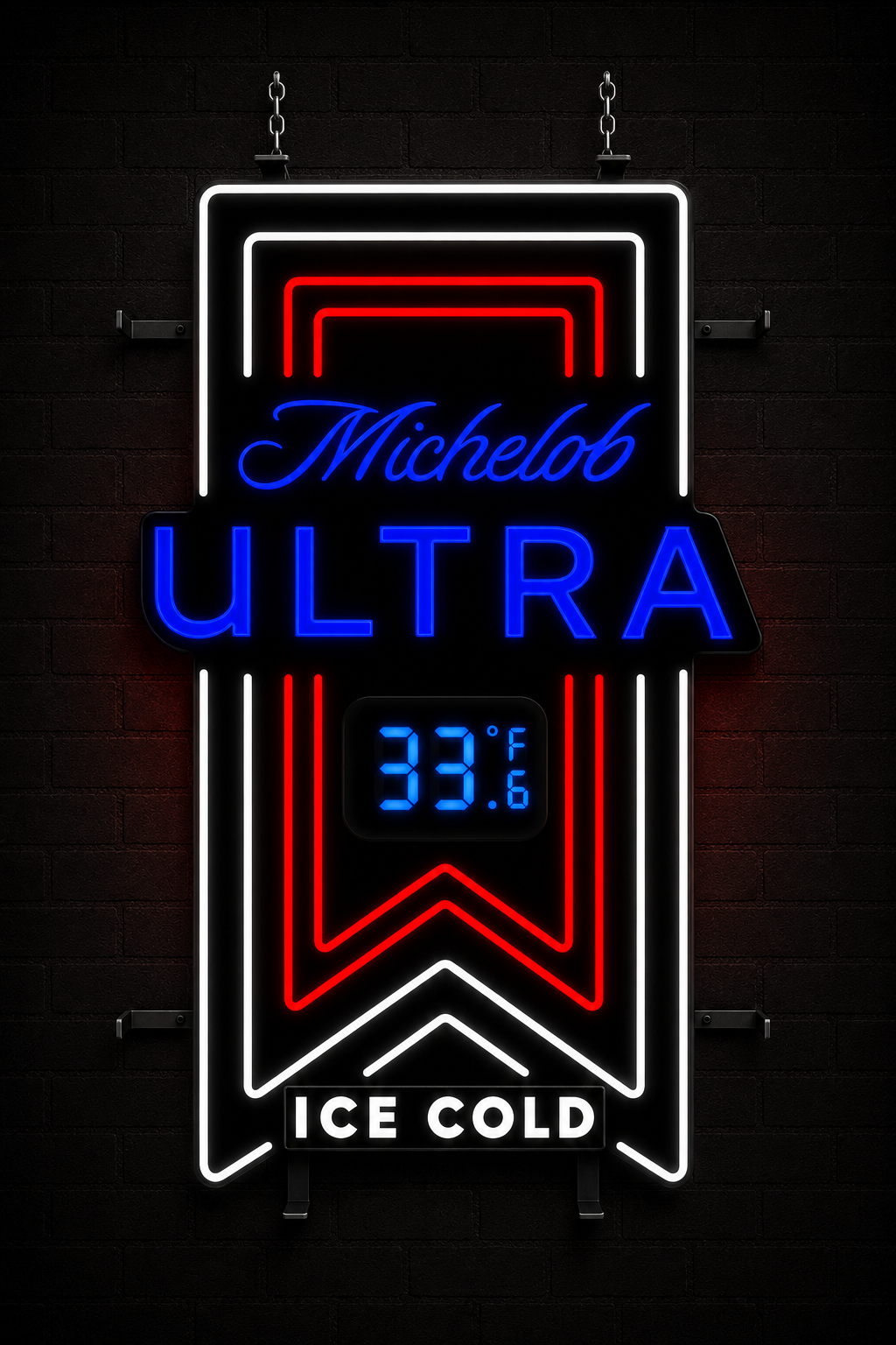 Front view of a bright illuminated Michelob Ultra sign